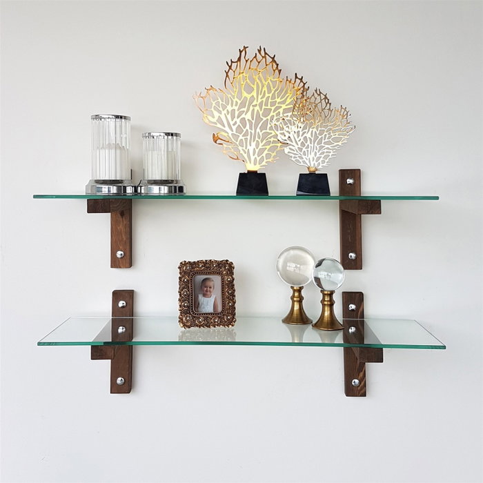 Hanah Home R200 Estantería de pared de cristal templado y madera de pino, Nogal